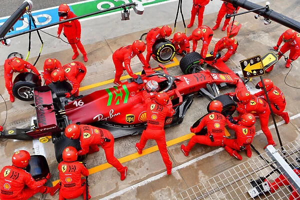 Action Pit Stops. Charles Leclerc, Ferrari SF21, makes a pit stop