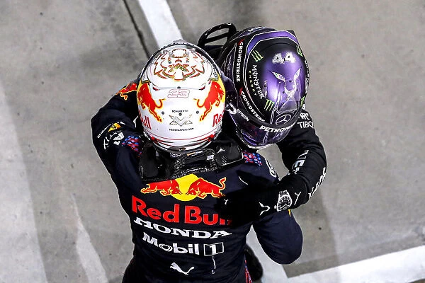 Portrait. Max Verstappen, Red Bull Racing and Race Winner Sir Lewis Hamilton