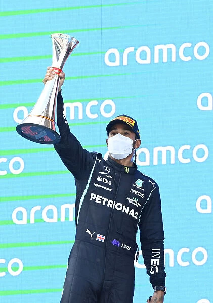 Portrait Podium. Sir Lewis Hamilton, Mercedes, 1st position, with his trophy