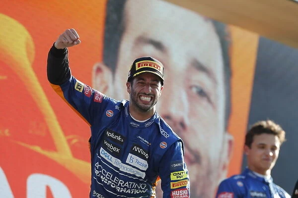 Portrait Podium. Daniel Ricciardo, McLaren, 1st position, celebrates on the podium