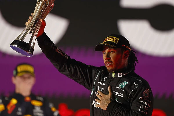 Portrait Podium. Sir Lewis Hamilton, Mercedes, 1st position, lifts his trophy